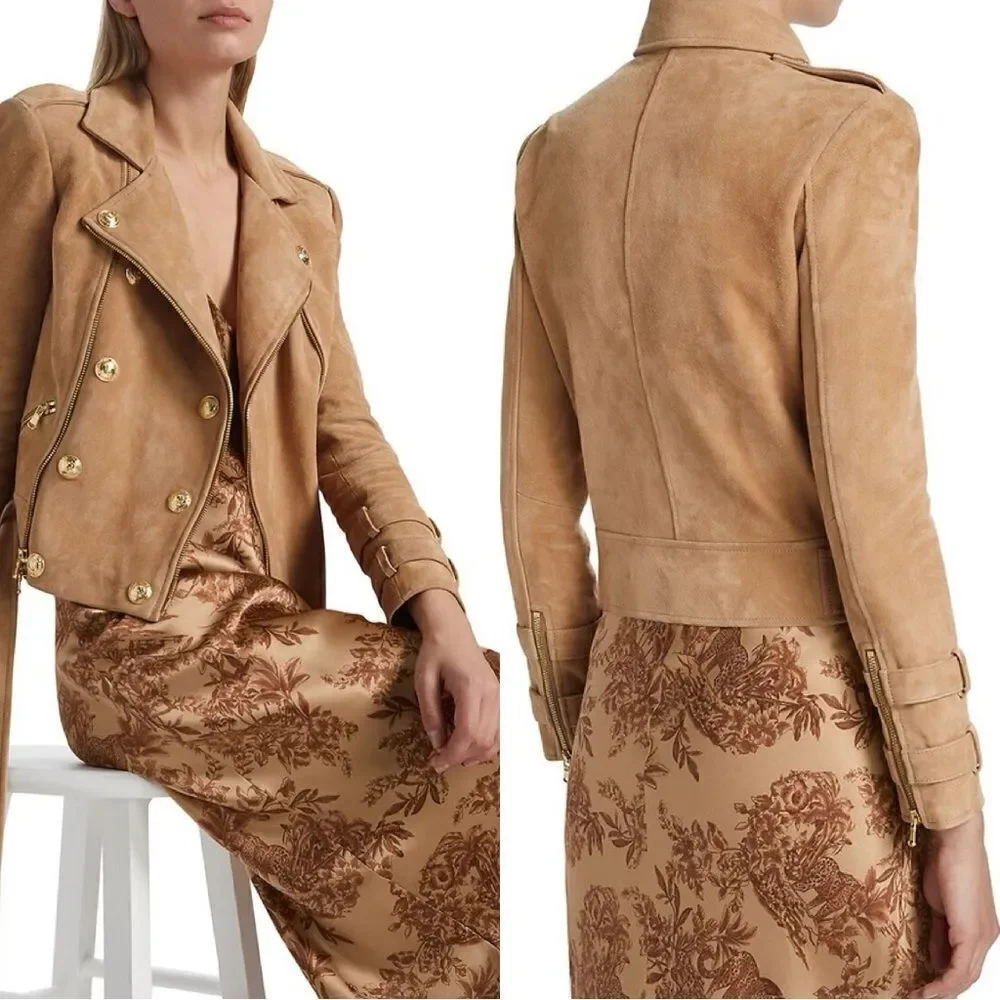 L’AGENCE $1595 Billie Belted Suede Biker Jacket in Capuccino Suede *miss… - Picture 4 of 14